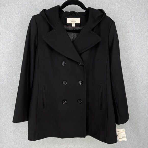 Covington Womens Wool Hooded Peacoat Size 22W Black Double Breasted Classic NEW - Picture 1 of 14